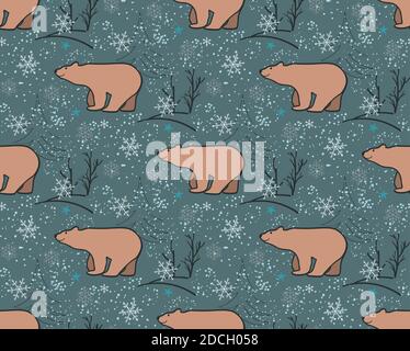 Winter forest. White firs and other trees, snowflakes on blue background. Christmas seamless pattern Stock Vector