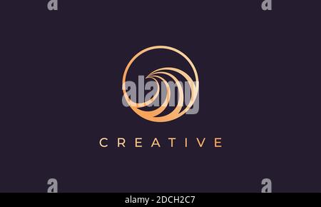 Elegant gold line logo design with simple and modern shape of ocean wave in a circle Stock Vector