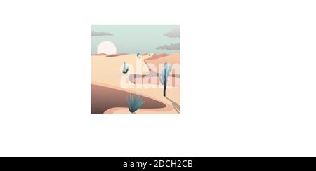 Cactus in the desert landscape in trendy gradient art style. Desert sunset vector illustration. Stock Vector