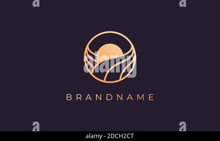 Simple and modern luxury line gold logo design of sea water wave and sun in a circle Stock Vector