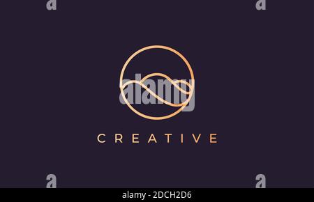 Elegant gold line logo design with simple and modern shape of ocean wave in a circle Stock Vector
