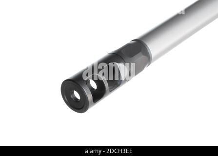 Black muzzle brake on a silver rifle barrel isolated on white Stock ...
