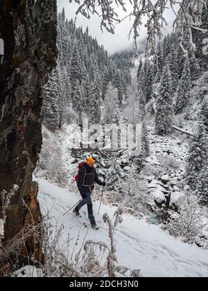 A man with a backpack carries out a hike in the winter in the mountains. Forest in the mountains after a snowfall Stock Photo
