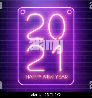 2021 Happy New Year neon lamps on brick wall. Pink neon on blue brick background. Vector illustration. Stock Vector