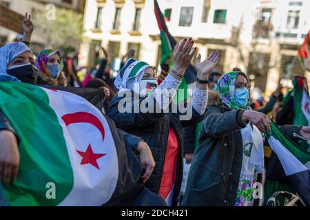 A protester applauding colleagues during the demonstration. In the streets of San Sebastian, hundreds of people demonstrate in support of the Polisario Front and Western Sahara, accusing Morocco of having restarted the war in Western Sahara.  A non-self-governing territory in the process of decolonisation. Western Sahara is the last colony in Africa. On Friday 13 November the Polisario Front declared the ceasefire with Morocco signed in 1991 to be broken. Stock Photo