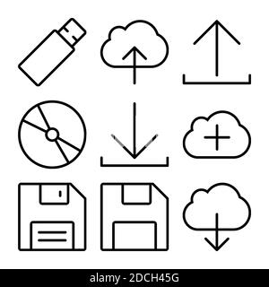 Line icons - symbols USB floppy download upload disk cloud Stock Photo