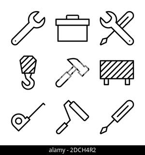 Line Icons symbols tools meter toolbox roller hook helmet cone Stock Photo