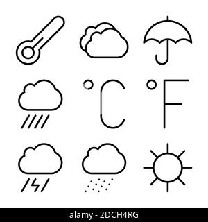 Line Icons symbols thermometer forecast Fahrenheit snow rain cloudy Stock Photo