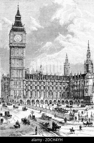 A 19th Century view of Big Ben, a nickname frequently extended to refer to both the clock and the clock tower, and the Palace of Westminster, meeting place for both the House of Commons and the House of Lords, the two houses of the Parliament of the United Kingdom. The complex lies on the north bank of the River Thames in the City of Westminster, in central London, England was designed by Augustus Pugin in a neo-Gothic style and completed in 1859.