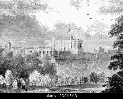A 19th Century view across the River Thames of Windsor Castle originally built in the 11th century after the Norman invasion of England by William the Conqueror. Since the time of Henry I, it has been used by the reigning monarch and is the longest-occupied palace in Europe, Berkshire, England Stock Photo