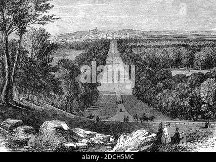 A 19th Century view across Windsor Park, and up the Long walk to Windsor Castle originally built in the 11th century after the Norman invasion of England by William the Conqueror. Since the time of Henry I, it has been used by the reigning monarch and is the longest-occupied palace in Europe, Berkshire, England Stock Photo