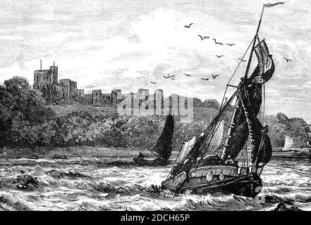 A 19th Century view of fishing smacks sailing passed Norris Castle built in 1799. Located on the Isle of Wight it was designed by the famous architect James Wyatt for Lord Henry Seymour. The estate adjoins the neighbouring Osborne House, country home to Queen Victoria. Stock Photo