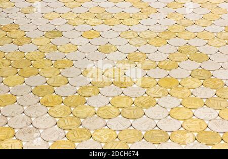 One russian one rubl coins flat tile background with perspective on white background. Stock Photo