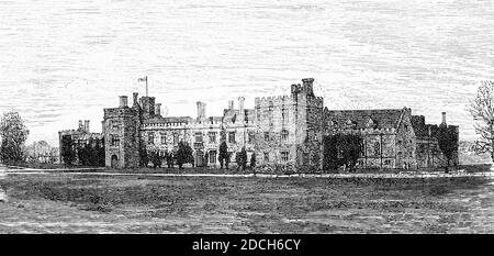 A 19th Century view of Penshurst Place, near Tonbridge, in Kent, England. Built in 1341, it is the ancestral home of the Sidney family and was the birthplace of the great Elizabethan poet, courtier and soldier, Sir Philip Sidney. The original medieval house is one of the most complete surviving examples of 14th-century domestic architecture in England. Stock Photo