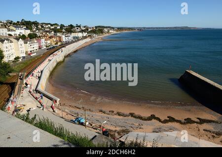 Part of the new seawall at Dawlish, seen from above Boat Cove. Stock Photo