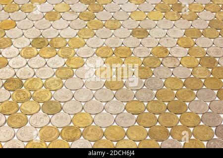 One russian rubl coins flat tile background with perspective on white background. Stock Photo