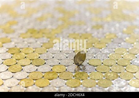 One russian rubl coins flat tile background with selective focus and perspective. Stock Photo