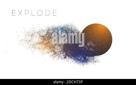 Circle explosion with abstract burst. Vector particles of black shape broken debris. 3d circle energy background. Futuristic sphere geometric Stock Vector