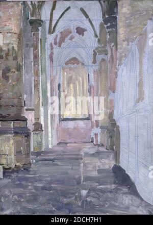 painting, Floris Verster, 1907, canvas, oil paint, painted, Carrier: 69.5 × 50 × 2cm 695 × 500 × 20mm, With frame: 72 × 53 × 4cm 720 × 530 × 40mm, church, interior, study, lead, Unfinished sketch with the face in the Hooglandse Kerk in Leiden from the celebration to the southern transept. On the left are columns and straight ahead you can see the closed eastern window of the southern facade through a yellow curtain. Right the back of the benches, above which hang curtains. Not signed. The painting is in a white-painted wooden frame, 1927 Stock Photo