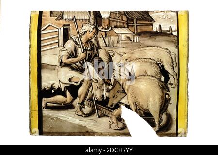 glass pane, Anonymous, 17th century, General: 13 x 16.5 x 0.2cm 130 x 165 x 2mm, Rectangular glass pane with a stained representation of the Prodigal Son. A young man is kneeling at a trough with four pigs, on a farmyard. In grisaille with a yellow border on both sides. Dutch School, pig, biblical representation, man Stock Photo