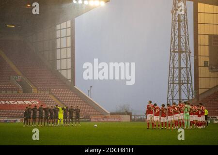 Oakwell Stadium, Barnsley, Yorkshire, UK. 21st Nov, 2020. English Football League Championship Football, Barnsley FC versus Nottingham Forest; both teams observe the minute silence Credit: Action Plus Sports/Alamy Live News Stock Photo