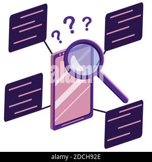 Smartphone, magnifying glass, search results, documents, messages. Find data, information in mobile internet, gadget file system, friends in social media. Flat cartoon isolated vector illustration. Stock Vector