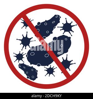 Bacteria, microbe and virus stains in prohibition sign. Different microorganisms. Stop infection. Vector isolated illustration for antiseptic, medicine, warning or clean area, cleanser. Stock Vector