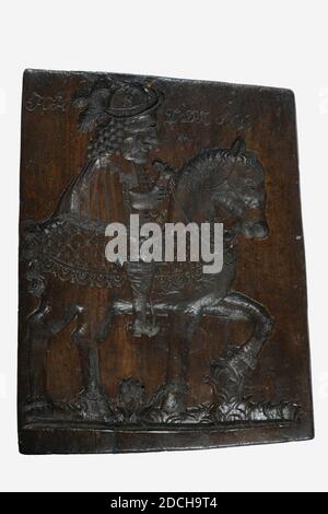 biscuit board, Anonymous, 1733, carved, General: 50 x 39 x 3.5cm 500 x 390 x 35mm, horse, rider, sailor, ship, Wooden shape for speculoos with picture of a rider, and the letters HH-VDA 1733 and HVH . With a warship, a sailor and the letters AAVDH-HVH on the reverse, 1903 Stock Photo