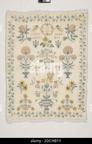 sampler, Anonymous, 1804, linen, silk, cross-stitch, General: 51 x 39cm 510 x 390mm, carnation, sunflower, rose, sampler on loose and finely woven canvas-like linen embroidered with silk thread in green, yellow and beige. Symmetrically constructed with the same motifs on the left and right, especially flowers, including a rose, sunflower and carnation. At the top center a closed wreath, shown by two guardian angels, with the initials CV DT. Under the angels the text: OLD 12 IAAR, ANNO 1804. The surrounding decorative edge consists of a garland with stars and balls and has four different angles Stock Photo