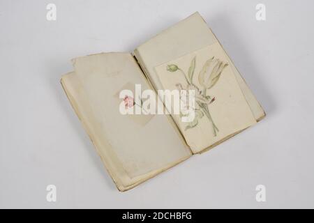 notebook, Anonymous, last quarter of the 18th century, ink, paper, General: 14.5 x 9.4 x 0.8cm (145 x 94 x 8mm), Oblong notebook, bound with a flower and leaf motif in the colors on the cover red and green. The booklet contains unnumbered and blank pages. The booklet contains 30 drawings and cut-out images in small format, with representations of flowers, buildings, men and women. One of the drawings is a mirror image of Izabella Amsterdam, flower, woman, building, man Stock Photo