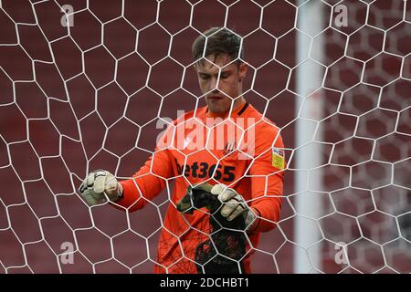 Stoke On Trent, UK. 21st Nov, 2020. Stoke City Goalkeeper Bursik attaches his towel to the net. EFL Skybet championship match, Stoke City v Huddersfield Town at the Bet365 Stadium in Stoke on Trent on Saturday 21st November 2020. this image may only be used for Editorial purposes. Editorial use only, license required for commercial use. No use in betting, games or a single club/league/player publications.pic by Chris Stading/Andrew Orchard sports photography/Alamy Live News Credit: Andrew Orchard sports photography/Alamy Live News Stock Photo