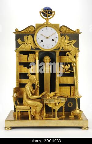 mantel clock, c. 1810, bronze, gilded, gilded, General: 53.5 x 35 x 18cm (535 x 350 x 180mm), eagle, reading, library, angel, woman, interior, Empire style mantel clock made of fire gilded bronze on slate blackened share. The timepiece has a white enamel dial with black Roman numerals and gold-plated hands. The dial is placed above a depiction of a bookcase or library with a niche in the center with a bust of Homer on a high flared base. On either side of the niche are two bookcases filled with bookbindings. The frieze on top with the dial is flanked by two reading winged female figures. On Stock Photo