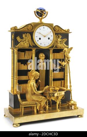 mantel clock, c. 1810, bronze, gilded, gilded, General: 53.5 x 35 x 18cm (535 x 350 x 180mm), eagle, reading, library, angel, woman, interior, Empire style mantel clock made of fire gilded bronze on slate blackened share. The timepiece has a white enamel dial with black Roman numerals and gold-plated hands. The dial is placed above a depiction of a bookcase or library with a niche in the center with a bust of Homer on a high flared base. On either side of the niche are two bookcases filled with bookbindings. The frieze on top with the dial is flanked by two reading winged female figures. On Stock Photo