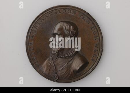 medal, Adriaan Jansz. Bemme, 1824, General: 5 x 0.2cm (50 x 2mm), Weight: 45g, man's portrait, bust, Medal on the 250-year relief of Leiden. On the front the left-facing bust of Pieter Adriaansz. Van der Werf. The circular reads: PIETER ADRIAANSZOON VAN DER WERF. On the reverse a laurel wreath, tied at the bottom, with the following inscription inside: There 't Kloek Behavior of Leiden's Hero, Now Counts Five Fifty Years: This is how the Grateful Offspring This Honor - Metal intended him. W. den October 3, 1824, 1994 Stock Photo
