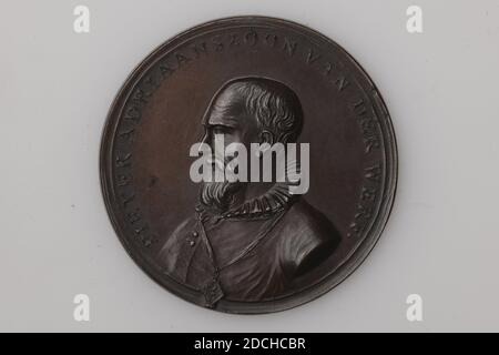 medal, Adriaan Jansz. Bemme, 1824, General: 5 x 0.2cm (50 x 2mm), Weight: 49.2g, man's portrait, bust, Medal on the 250-year relief of Leiden. On the front a left-facing bust of a man with a beard and a collar. The circular reads: PIETER ADRIAANSZOON VAN DER WERF. On the reverse a laurel wreath, tied at the bottom. Inside an inscription: On the occasion of the 250th Anniversary Celebration of the Relief of the City of Leiden on 3 October MDCCCXXIV, 1994 Stock Photo