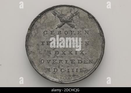 medal, Adriaan Jansz. Bemme, 1824, minted, General: 4.7 x 0.4cm (47 x 4mm), Weight: 45.5g, Lead cut of a penny, minted in honor of P. Az. Van der Werf. On the front is the bust of a male figure, P.Az. van der Werf, shown in profile and to the left. The obverse features the circular PIETER ADRIAANSZOON VAN DER WERF .. On the reverse there are two crossed fasces, rod bundles. Below that is the inscription BORN TO LEAD MDXXIX. DECEASED MDCIIII .. Below that is the inscription A.BEMME, man's portrait, bust Stock Photo