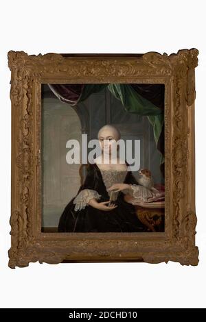 painting, Hendrik van Velthoven, c. 1750, panel, oil paint, painted, Carrier: 40.8 × 33.7 × 1cm (408 × 337 × 10mm), With frame: 55.5 × 49 × 7cm (555 × 490 × 70mm), woman's portrait, dog, interior, Portrait of a woman: Catharina Gasparina van der Meulen. She is depicted as a knee pad, turned to the right, head to the left and looking at the viewer. She sits to the left of a richly carved pen table with a marbled tabletop, on which a cushion with a barking dog. She rests the left arm on the table and holds a closed impeller with both hands. She is wearing tightly combed gray hair, a pearl Stock Photo