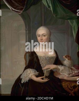painting, Hendrik van Velthoven, c. 1750, panel, oil paint, painted, Carrier: 40.8 × 33.7 × 1cm (408 × 337 × 10mm), With frame: 55.5 × 49 × 7cm (555 × 490 × 70mm), woman's portrait, dog, interior, Portrait of a woman: Catharina Gasparina van der Meulen. She is depicted as a knee pad, turned to the right, head to the left and looking at the viewer. She sits to the left of a richly carved pen table with a marbled tabletop, on which a cushion with a barking dog. She rests the left arm on the table and holds a closed impeller with both hands. She is wearing tightly combed gray hair, a pearl Stock Photo