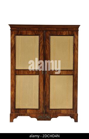 bookcase, Anonymous, c. 1800, bronze, metal, textile, mahogany, General: 225.5 x 165 x 39.8cm 2255 x 1650 x 398mm, flower, angel, A mahogany bookcase with two doors, each with two mesh windows behind which a string of yellow textiles. At the back of the yellow cover a green textile with leaf motif. Profiled frames around the mesh windows. Base with four legs, cut out in the corners and an s-sawn center piece with bronze decoration in the form of a representation with two angels holding a laurel wreath. The openwork lock plates consist of elongated flowers. The metal of the mesh has a gold- Stock Photo