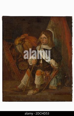 painting, c. 1660, canvas, oil paint, painted, Bearer: 109 × 89 × 2.4cm (1090 × 890 × 24mm), white arms, child's portrait, Portrait of a boy, dressed as a standard of the militia. He is depicted in full on a tiled floor, sitting three quarters turned to the left and looking at the viewer. An orange, white and blue flag hangs over his right shoulder which he holds with the right hand and the left hand rests in the side above a sword. He has long blond hair and is dressed in a black robe with white cuffs, a square collar with two tassels, a blue sash, orange trousers and white folded leggings Stock Photo