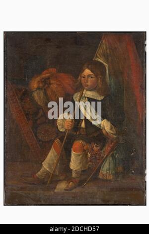 painting, c. 1660, canvas, oil paint, painted, Bearer: 109 × 89 × 2.4cm (1090 × 890 × 24mm), white arms, child's portrait, Portrait of a boy, dressed as a standard of the militia. He is depicted in full on a tiled floor, sitting three quarters turned to the left and looking at the viewer. An orange, white and blue flag hangs over his right shoulder which he holds with the right hand and the left hand rests in the side above a sword. He has long blond hair and is dressed in a black robe with white cuffs, a square collar with two tassels, a blue sash, orange trousers and white folded leggings Stock Photo