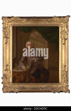 painting, Pieter van Zanten, 1762, Signature front, bottom right on a plinth: Zanten Pinx: Æt: 16 Ao 1762, canvas, oil paint, painted, Carrier: 39 × 32 × 1.2cm (390 × 320 × 12mm), With frame: 51 × 45.5 × 4.6cm (510 × 455 × 46mm), man's portrait, interior, Portrait of a man: Dr Conradus Zumbag de Koesfelt. He is depicted as a kneecap, sitting turned to the right, head facing forward and looking at the viewer. He points with his left hand to a clock that stands on a pen table to the left of a window and he rests the right hand on some opened books, which are next to the clock. The table has a Stock Photo