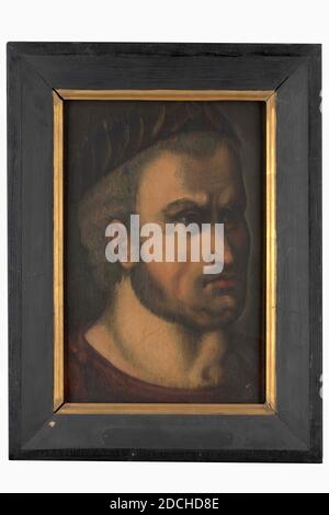 painting, Anonymous, ca. 1600, panel, oil paint, painted, Carrier: 38.9 × 26 × 1cm (389 × 260 × 10mm), With frame: 49.7 × 37.4 × 5cm ( 497 × 374 × 50mm), Portrait of a Bearded Man: A Roman Emperor. Depicted is his head, turned three-quarters to the right and looking to the right. He wears a laurel wreath on the gray curly hair and he has a short beard growth. Not signed. The painting is in a black-painted wooden frame with a gilded inner edge, man's portrait Stock Photo