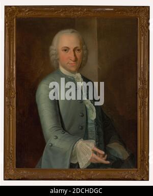 painting, Anonymous, ca. 1765, canvas, oil paint, painted, General (dimensions according to catalog 1983): 72 × 57.5cm (720 × 575mm), With frame: 103 × 72.5 × 3cm (1030 × - 725 × 30mm), man's portrait, painting depicting the portrait of a man: Johannes Luchtmans. He is depicted as a half-figure, half-turned to the right, head facing forward and looking at the viewer. He holds his right hand on the chest. He wears a short powdered wig, a gray skirt and a vest with a lace tie and cuffs and a blue cloak. Not signed. The painting is in a gilded wooden frame with a bow at the top and with wider Stock Photo