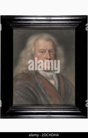 pastel, Bernard Vaillant, 1677, Signature front left top: Aetatis. 68. 1677, top right: B. Vaillant.f. 1677, pastel, wood, glass, lacquer, paper, signed, General (dimensions according to catalog 1983): 40.5 x 32cm (405 x 320mm), With frame: 52.2 x 44.2 x 3.5cm (522 x 442 x 35mm), Inside dimensions: 39 x 31cm (390 x 310mm), man's portrait, Portrait of Mr. Wilhelmus van Alphen. Depicted is a bust, slightly turned to the right and looking at the viewer. The man wears gray hair that hangs down to the shoulders, has a thin mustache and a small chin beard. He threaded a lilac robe, trimmed with a Stock Photo