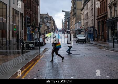 Glasgow, Scotland, UK. 21st November, 2020. Quiet streets in the city centre at the start of level four Covid-19 restrictions. Credit: Skully/Alamy Live News Stock Photo