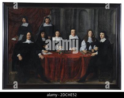 painting, Jan de Vos (IV), 1662, Signature front, bottom right: JD Vos fe Ao 1662, canvas, oil paint, painted, With frame: 249 x 343 x 6.5cm (2490 x 3430 x 65mm), Painting depicting the regents and the inner fathers of the St. Catherine guest house. In an interior, five regents and two stewards sit and stand behind and to the side of a table covered with a red cloth. All are depicted in full. There is an ink set on the table and there are books and coins. In the back left is a brown curtain for an interior with columns and niches. At the bottom left of the painting is a richly modeled Stock Photo
