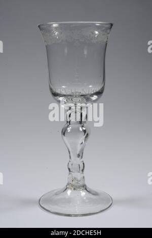 glass jar, first half 18th century, General: 20.2 x 8.6cm 202 x 86mm, candle, candlestick, lead, Colorless glass jar. The goblet has a high-sloping base and a hollow baluster-shaped stem, including two bland and above which a thicker knot. Thick chalice bottom, with an air bubble in the chalice bottom. Calyx with slightly curved edge at the top. An image of a candlestick with a burning candle has been drilled on the chalice wall. Below, just above the thick bottom: ALIIS INSERVIENDO CONSUMOR Serving others consumes me. Proverb of Prof. dr. Nicholas Tulip. The text is in block letters, the A of Stock Photo