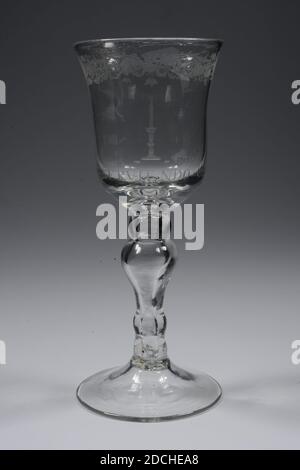 glass jar, first half 18th century, General: 20.2 x 8.6cm 202 x 86mm, candle, candlestick, lead, Colorless glass jar. The goblet has a high-sloping base and a hollow baluster-shaped stem, including two bland and above which a thicker knot. Thick chalice bottom, with an air bubble in the chalice bottom. Calyx with slightly curved edge at the top. An image of a candlestick with a burning candle has been drilled on the chalice wall. Below, just above the thick bottom: ALIIS INSERVIENDO CONSUMOR Serving others consumes me. Proverb of Prof. dr. Nicholas Tulip. The text is in block letters, the A of Stock Photo