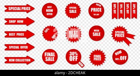 stickers set for sale promotion black friday special offer. Red price tags isolated labels. Sale clearance promotion for retail shop business Stock Vector